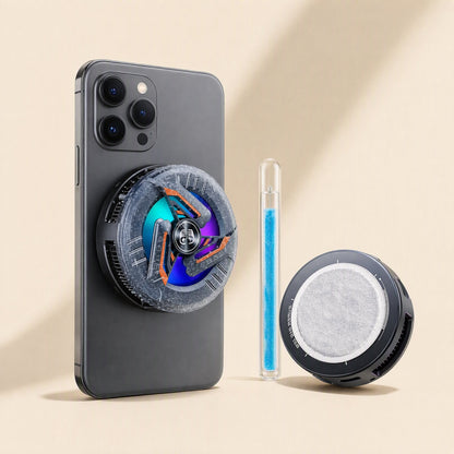 Frostread – Cooler attached to the back of a gray smartphone beside a blue gel stick and a detached cooling pad