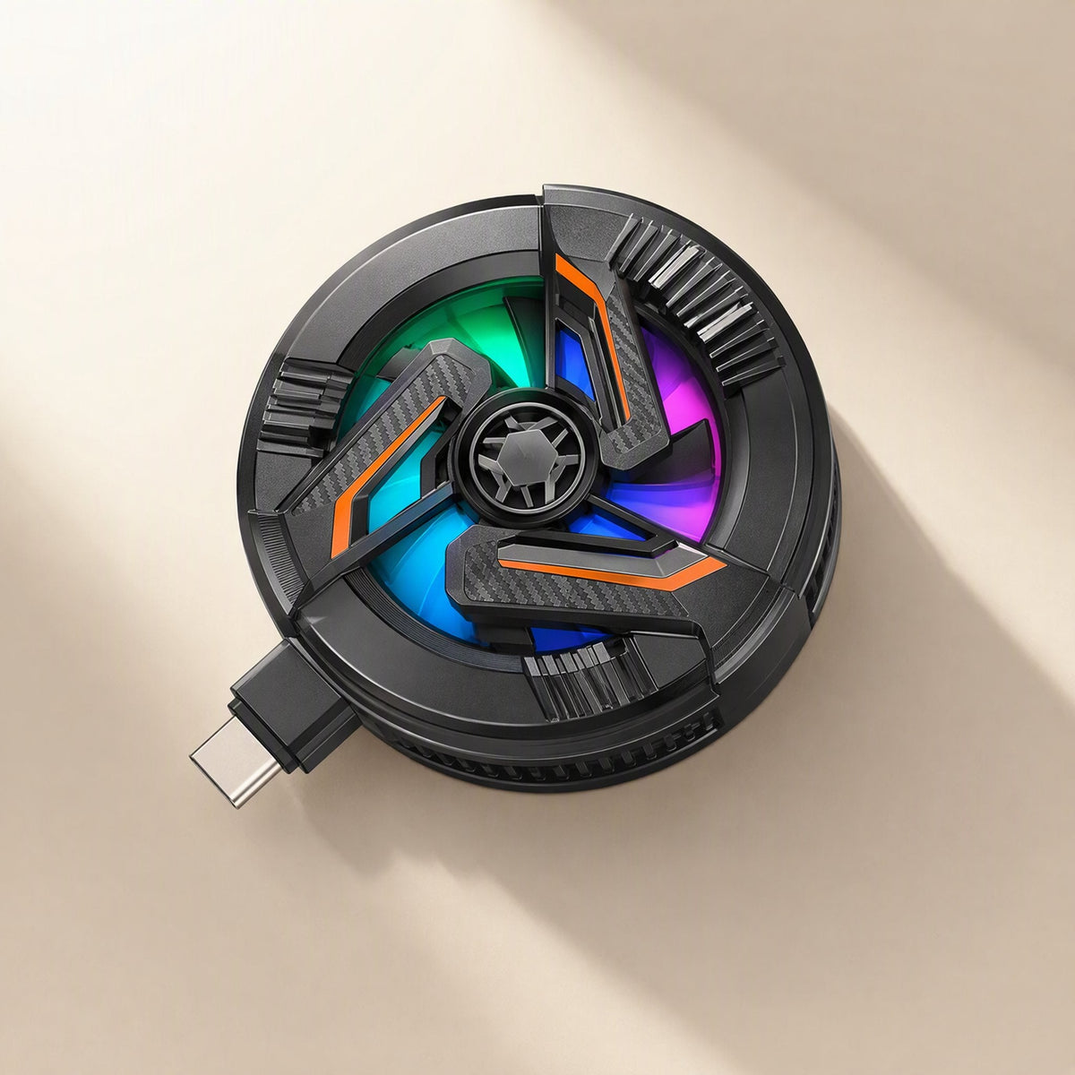 Frostread – Black round cooler with orange accents and RGB-lit fan blades, USB-C connector extending from the side
