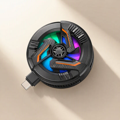 Frostread – Black round cooler with orange accents and RGB-lit fan blades, USB-C connector extending from the side