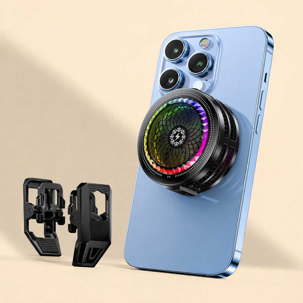 Frostread – Round cooler with rainbow-lit ring on the back of a blue smartphone, next to two black mounting clips