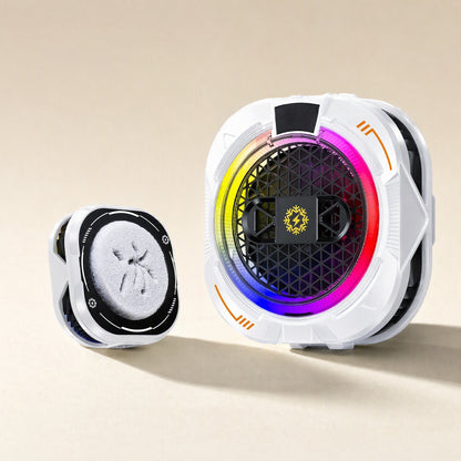 Frostread – White square cooler with RGB ring light beside a detached cooling pad with a gray fabric surface