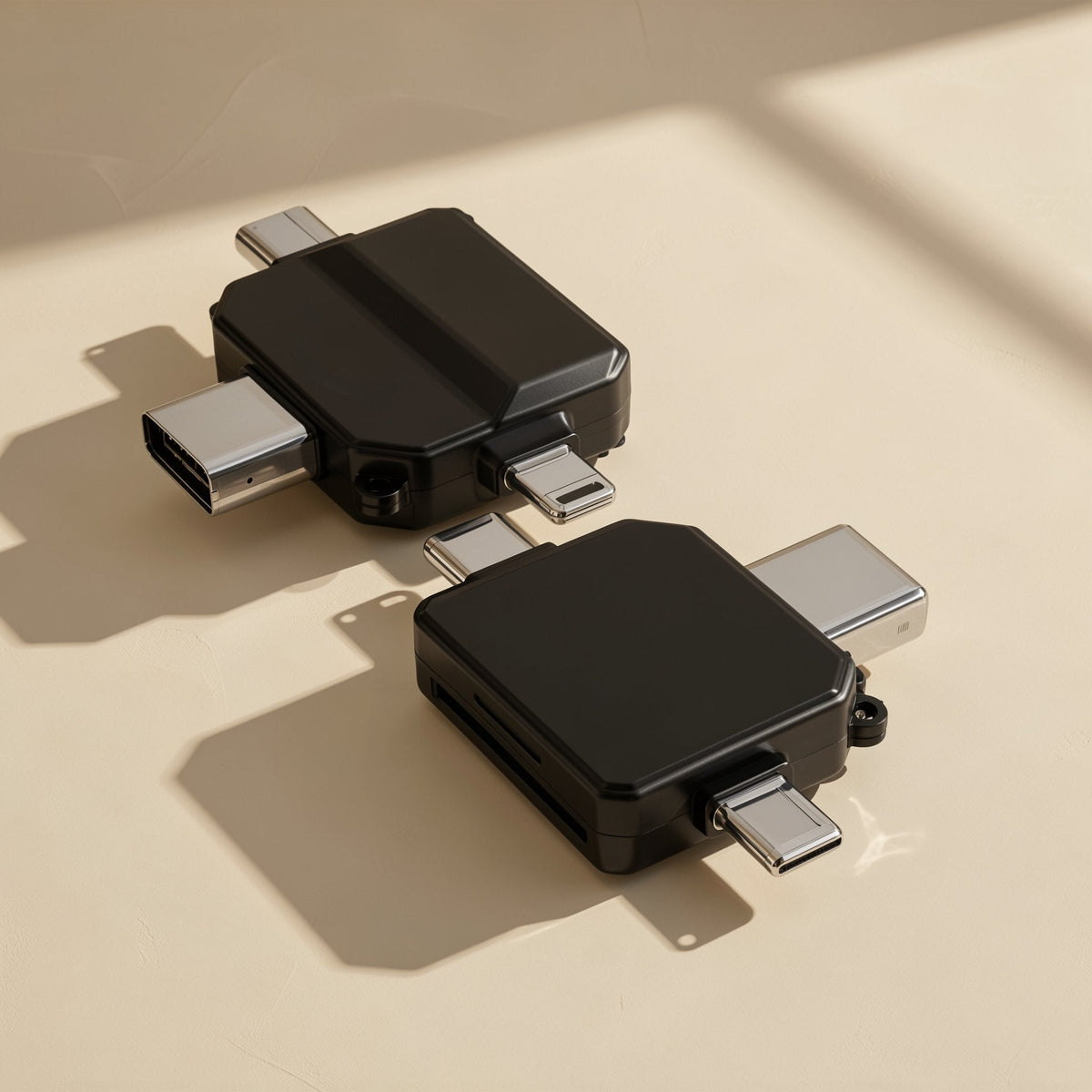 Typeport Type-C SD TF Card Reader, two black multi-connector units on a cream surface in angled sunlight