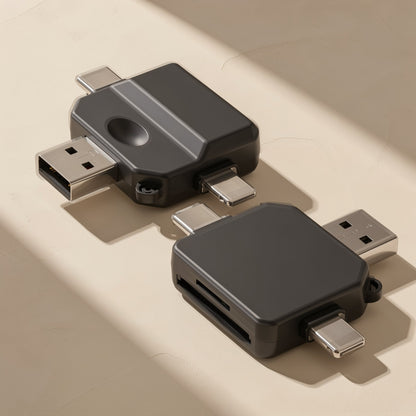 Typeport – Two gray card readers with USB-A, Type-C and Lightning plugs and SD and TF card slots on a beige surface