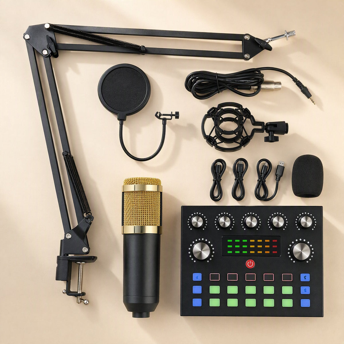 Soundweave Microphone And Sound Card Set flat lay with gold-accent mic, boom arm, pop filter and sound card
