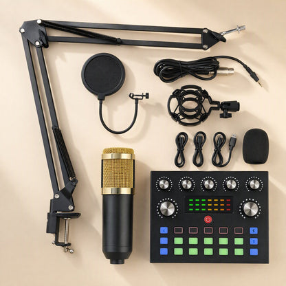 Soundweave Microphone And Sound Card Set flat lay with gold-accent mic, boom arm, pop filter and sound card