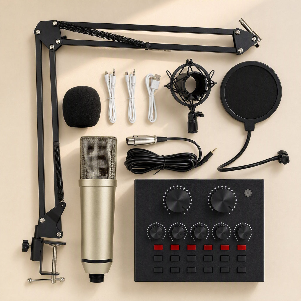 Soundweave – Champagne-gold condenser mic, boom arm, shock mount, pop filter, cables and black sound card on beige