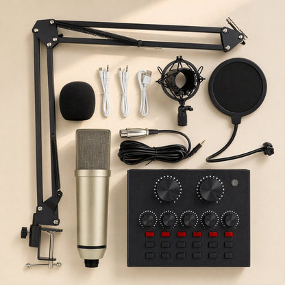 Soundweave – Champagne-gold condenser mic, boom arm, shock mount, pop filter, cables and black sound card on beige