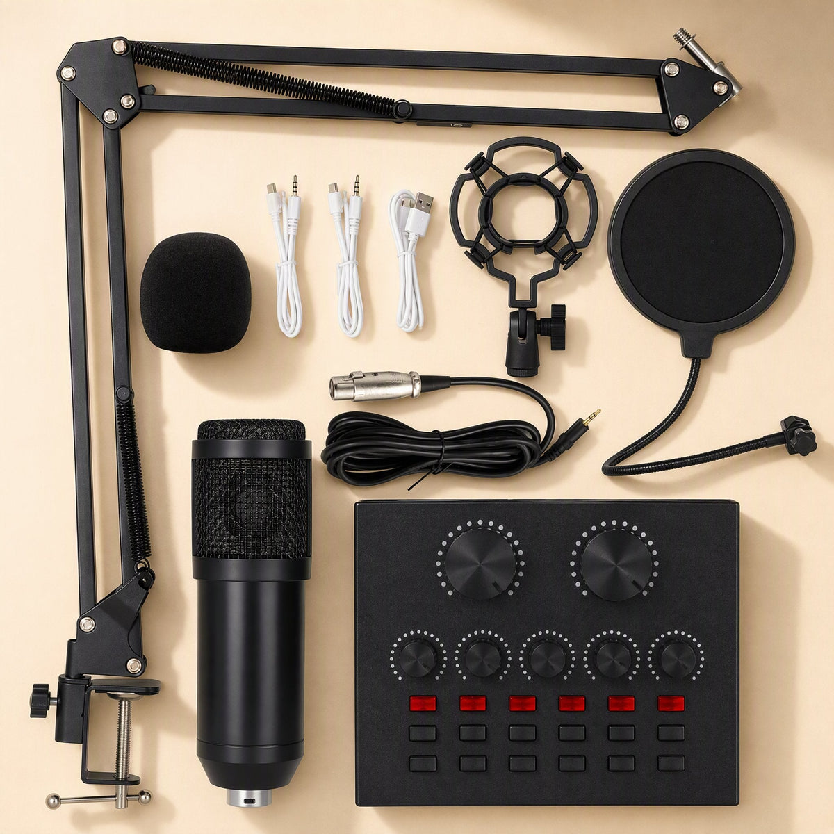 Soundweave – Black condenser mic, boom arm, shock mount, pop filter, XLR cable and sound card in a flat lay