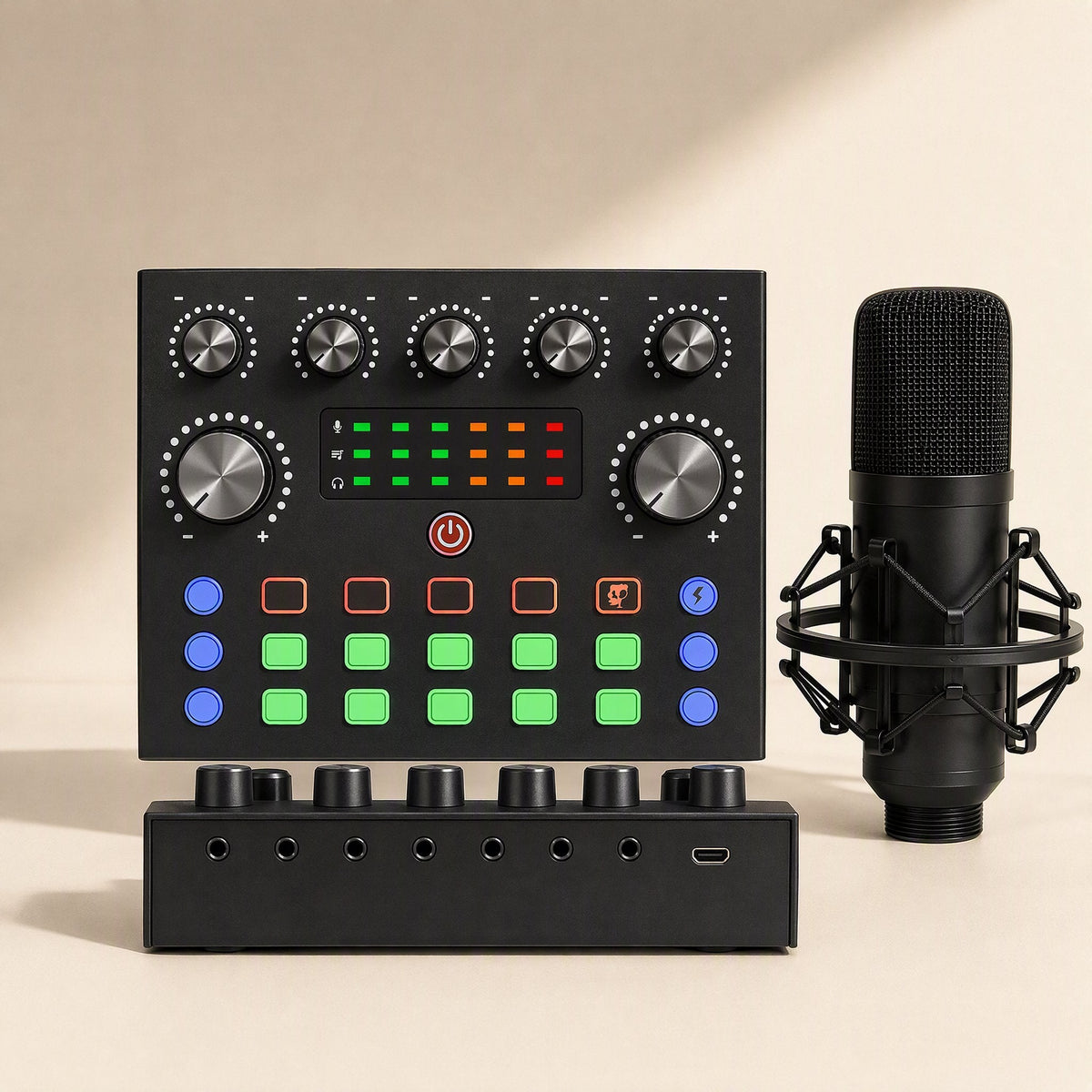 Soundweave – Black sound card with colorful buttons and level meter beside a black condenser mic in a shock mount