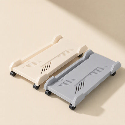 Deskroll Plastic Desktop Computer Stand With Wheels in cream and grey, seen from above on a beige surface