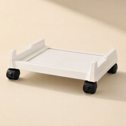 Deskroll – White rolling computer stand with four black swivel casters, shown at a low front angle