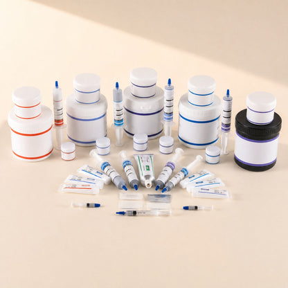Silkspread – Assorted thermal grease jars, syringes, tubes and sample sachets arranged in a group on a beige background