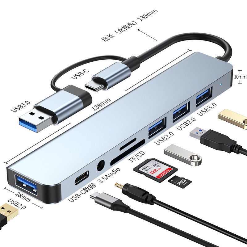 Voltcast – Top-down view of the hub with dimensions marked and labeled USB 3.0, USB 2.0, TF/SD, audio and Type-C ports