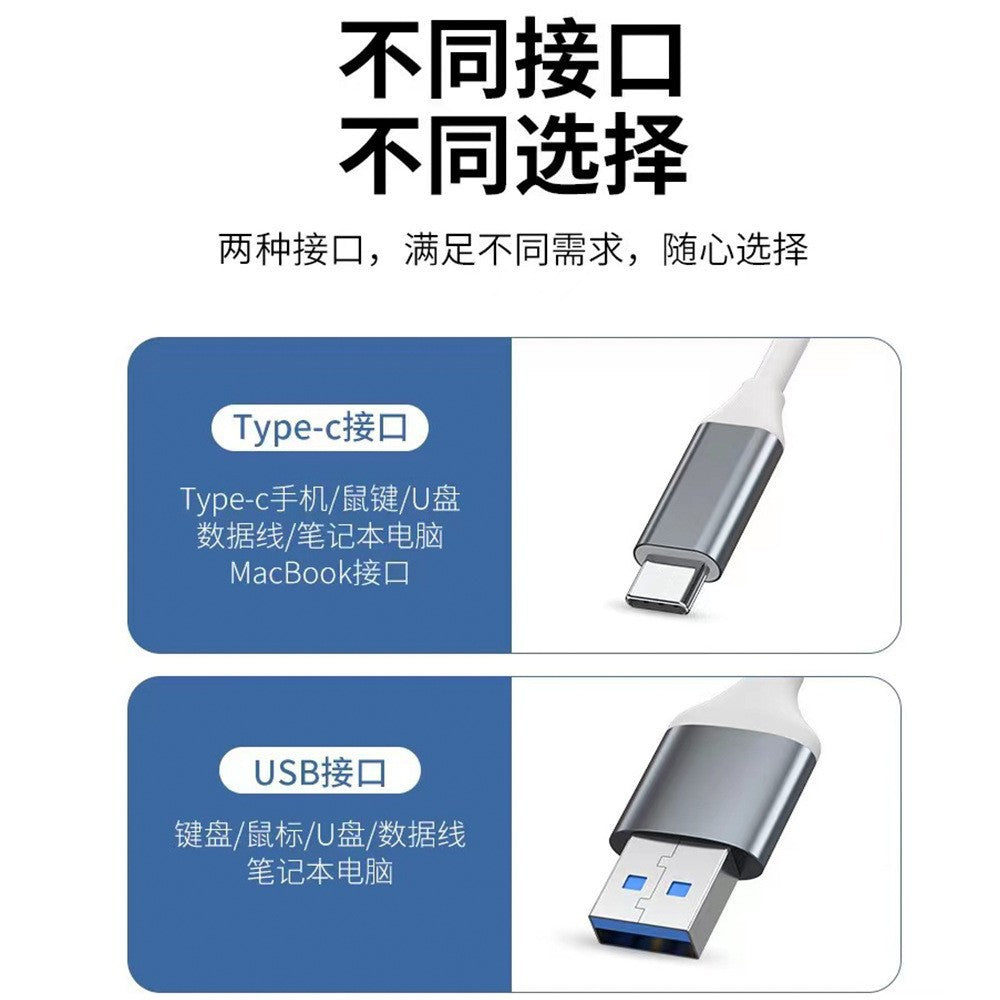Alloyhub – Close views of the Type-C plug and the USB-A plug on the hub's white cable, with Chinese text on blue panels