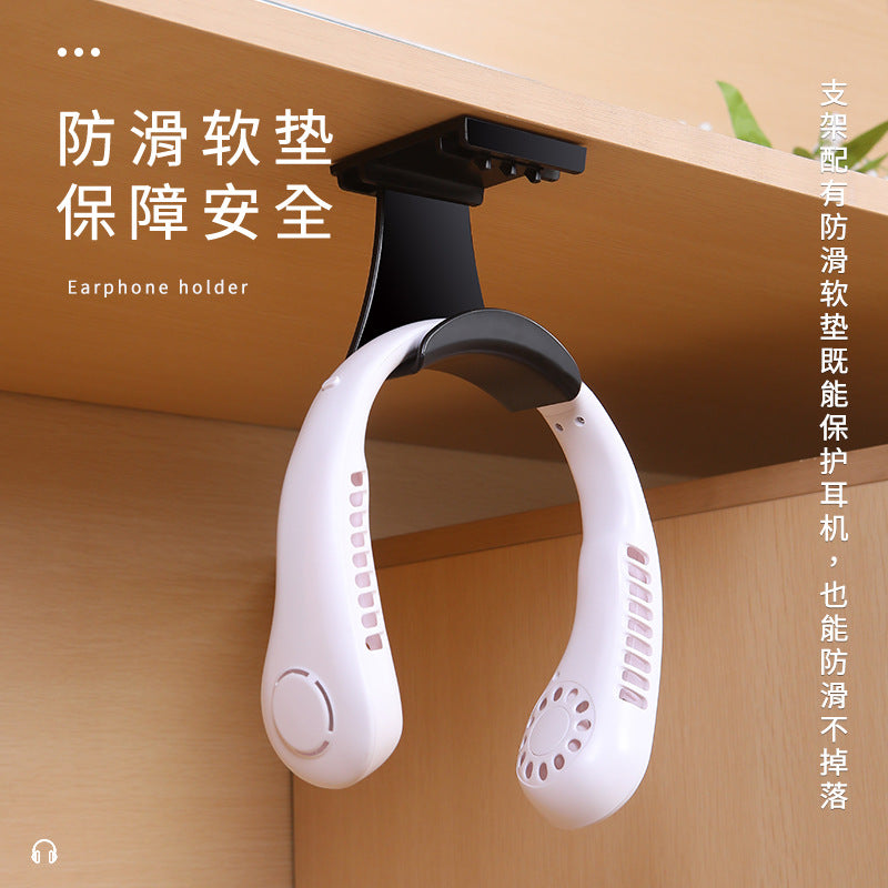 Perchloop – Black headset holder mounted under a wooden shelf with a white neck fan resting on its curved pad