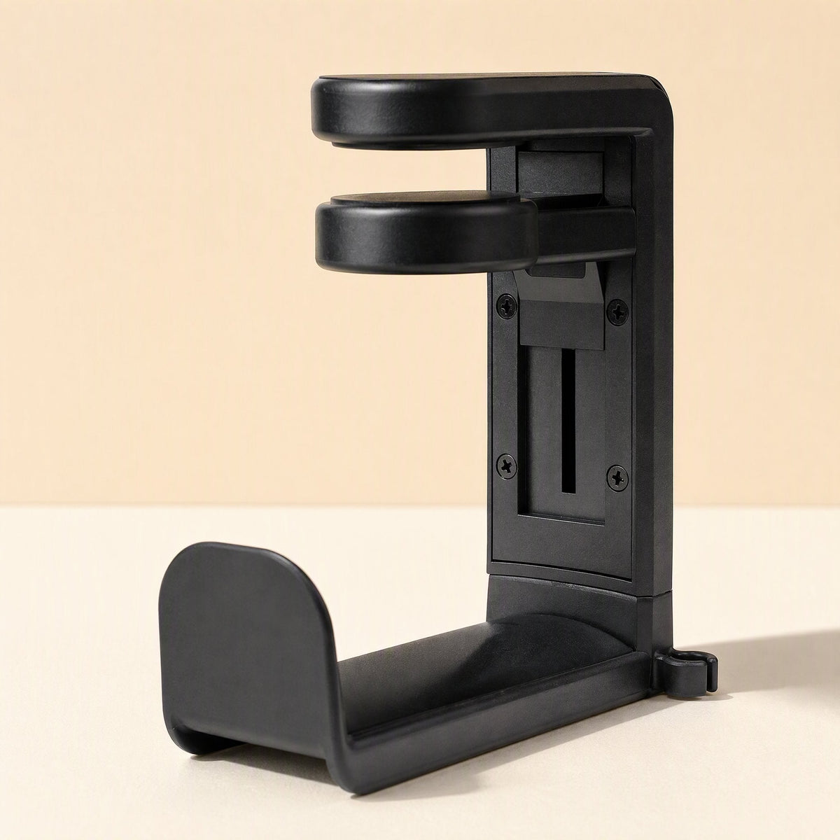Twinhook Desktop Headphone Stand With Double Hooks in black, front view with clamp screws and adjustment slot