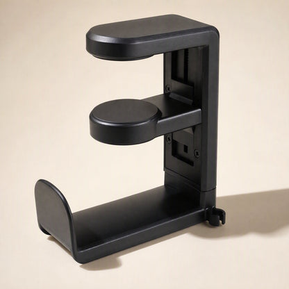 Twinhook – Black clamp-style headphone stand with two hooks, angled view showing the lower cradle and tightening knob