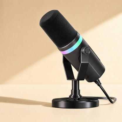 Glowvoice RGB USB microphone on a round desktop stand, angled front view with a glowing rainbow light ring