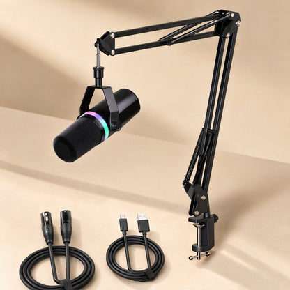 Glowvoice – Microphone on a black boom arm with clamp, shown with an XLR cable and a USB-C to USB-A cable below