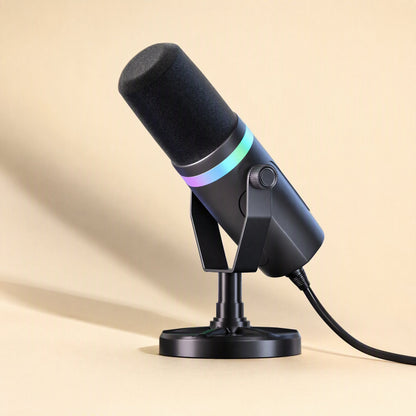 Glowvoice – Side view of the black moving coil mic on its stand, foam windscreen on top and the RGB ring lit in blue and
