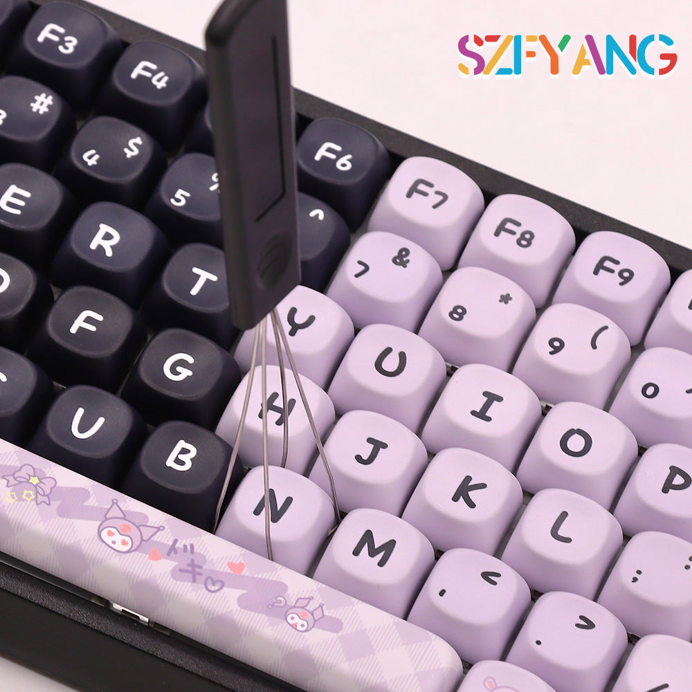 Pryloop – Wire keycap puller lifting a purple keycap from a black and lavender mechanical keyboard