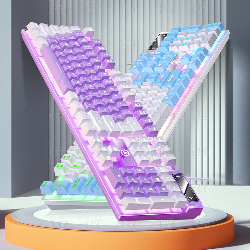 Kelvora – Purple-and-white keyboard crossing a blue-and-white one on a round platform, with rainbow backlighting below