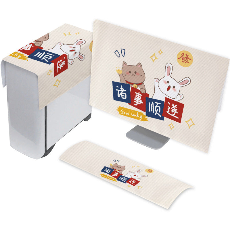 Doodleveil – Cream cover set with a cat and rabbit and Chinese lucky text, covering monitor, tower and keyboard