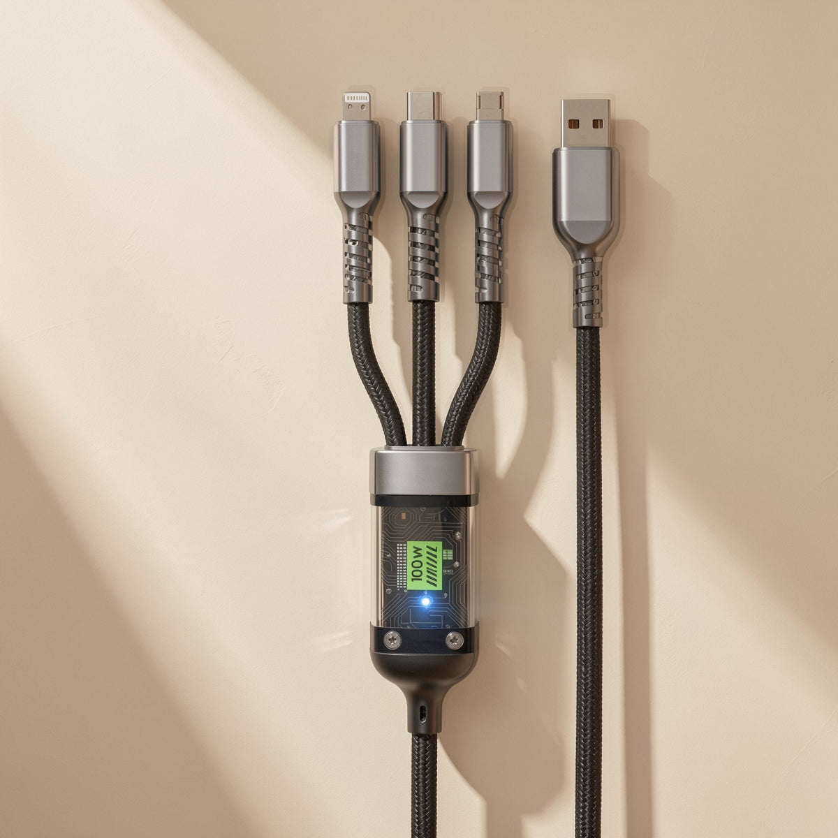 Fastbraid Braided Three-in-One Fast Charging Cable hanging on a beige wall, showing three tips and a 100W housing