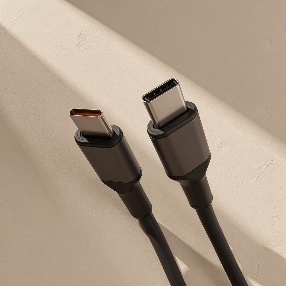 Fastbraid – Two black USB-C connectors with grey metal heads angled toward the camera on a cream background