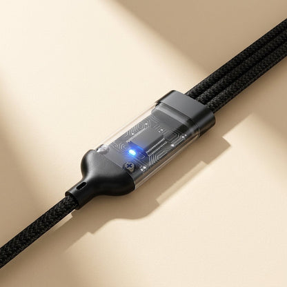 Fastbraid – Close-up of the clear splitter housing with visible circuit board and blue light on black braided cables