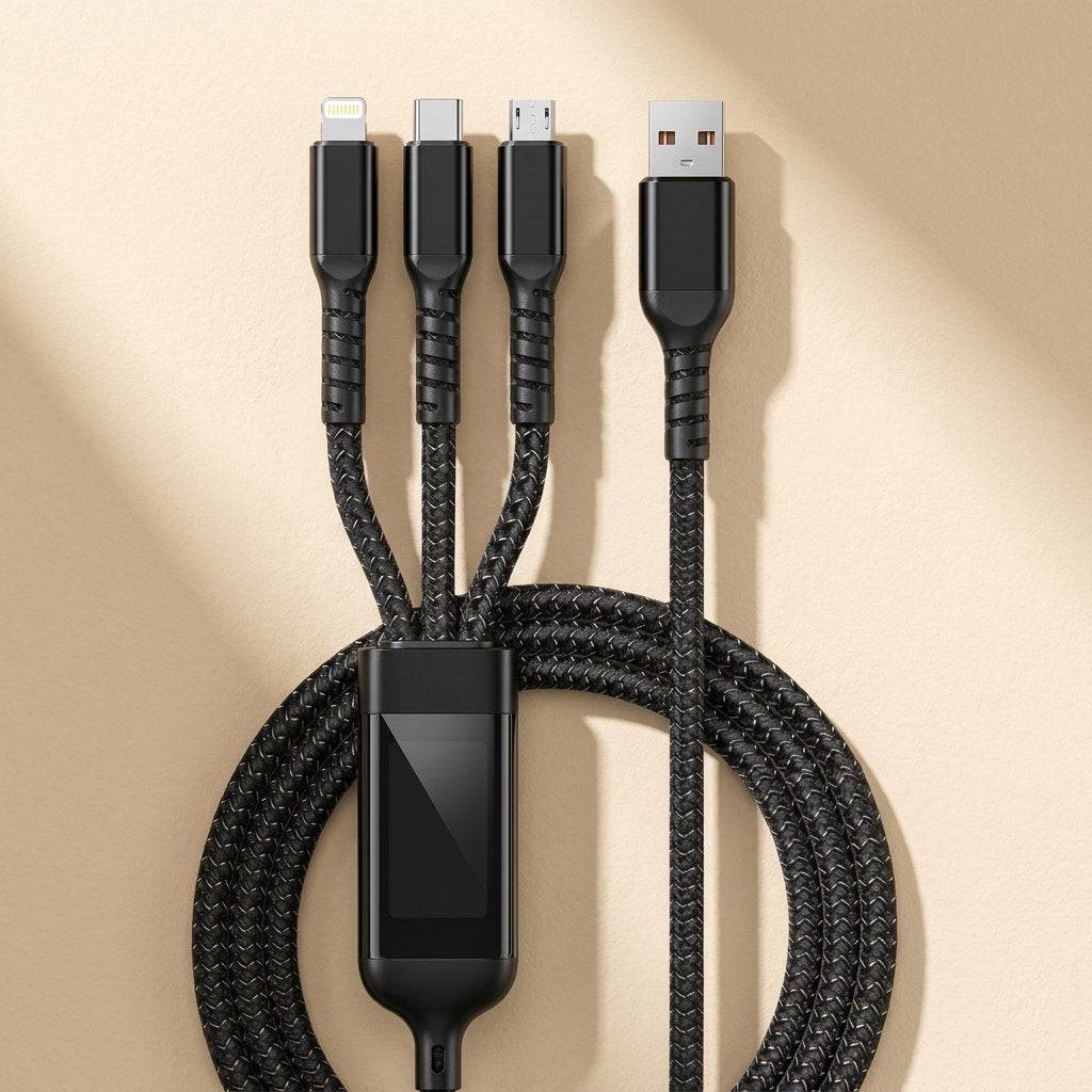 Fastbraid – Black braided three-in-one cable coiled on a beige surface, with Lightning, USB-C, Micro-USB and USB-A ends