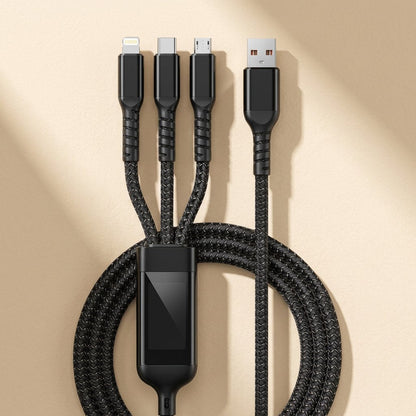 Fastbraid – Black braided three-in-one cable coiled on a beige surface, with Lightning, USB-C, Micro-USB and USB-A ends