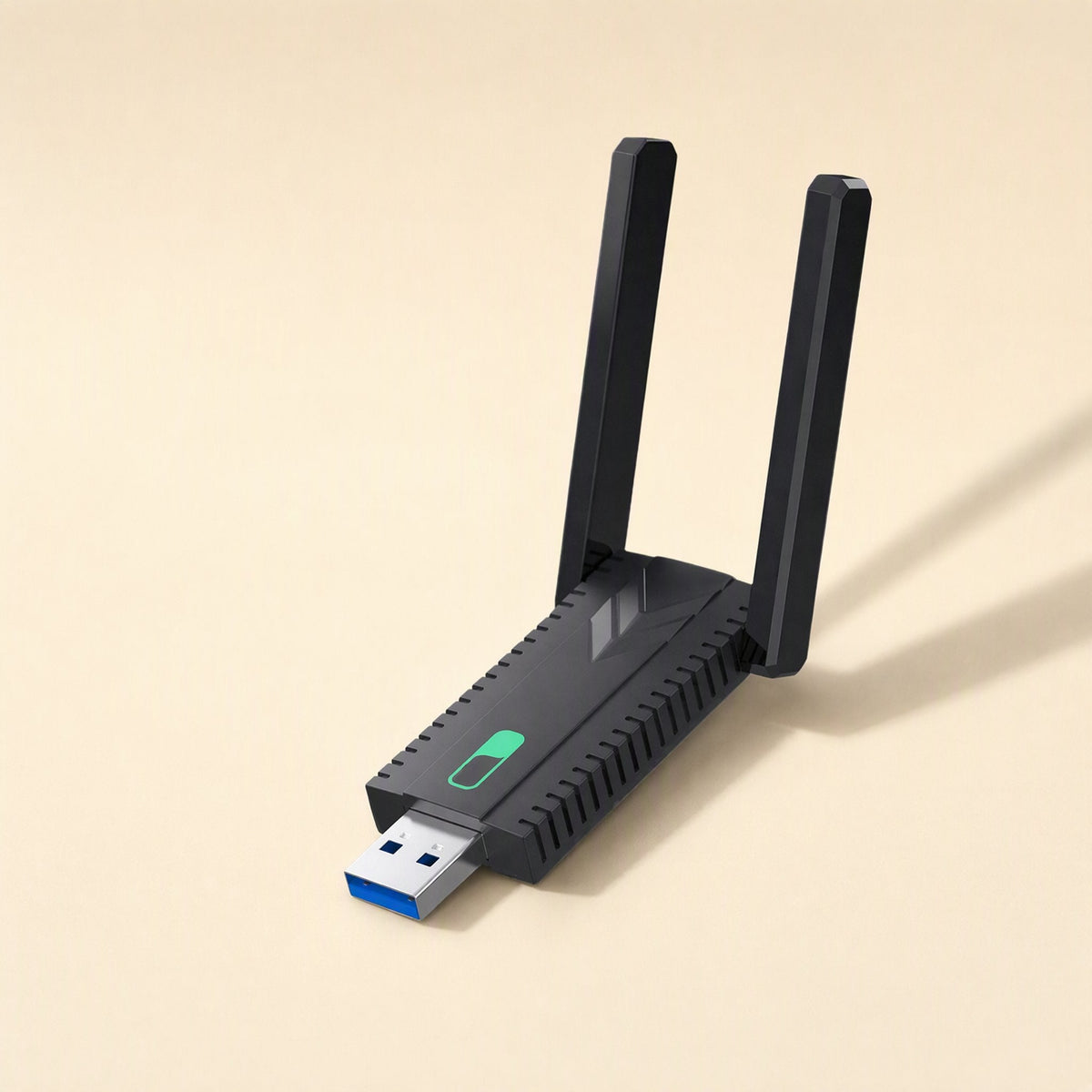 Bandreach USB Wireless Network Card with two antennas raised and a green indicator light on the black casing