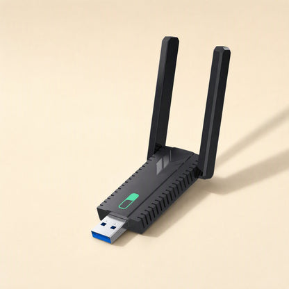 Bandreach USB Wireless Network Card with two antennas raised and a green indicator light on the black casing