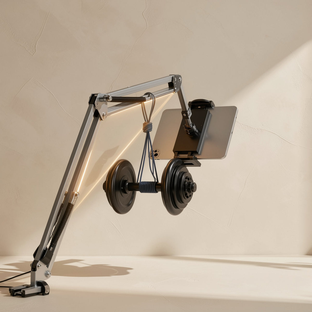 Clampmate – Silver cantilever arm holding a tablet, with a dumbbell hanging from the arm on a cord, against a beige wall