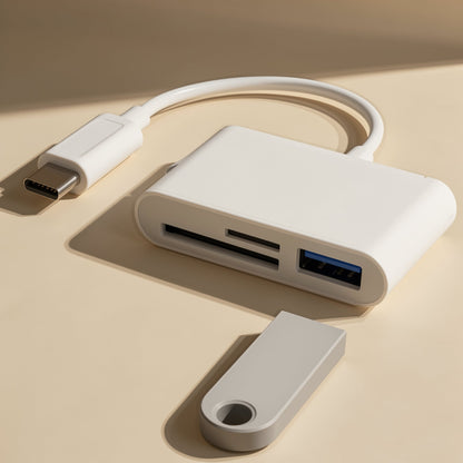 Portread OTG SD TF Card Reader in white with a Type-C plug, SD, TF and USB slots, beside a USB flash drive