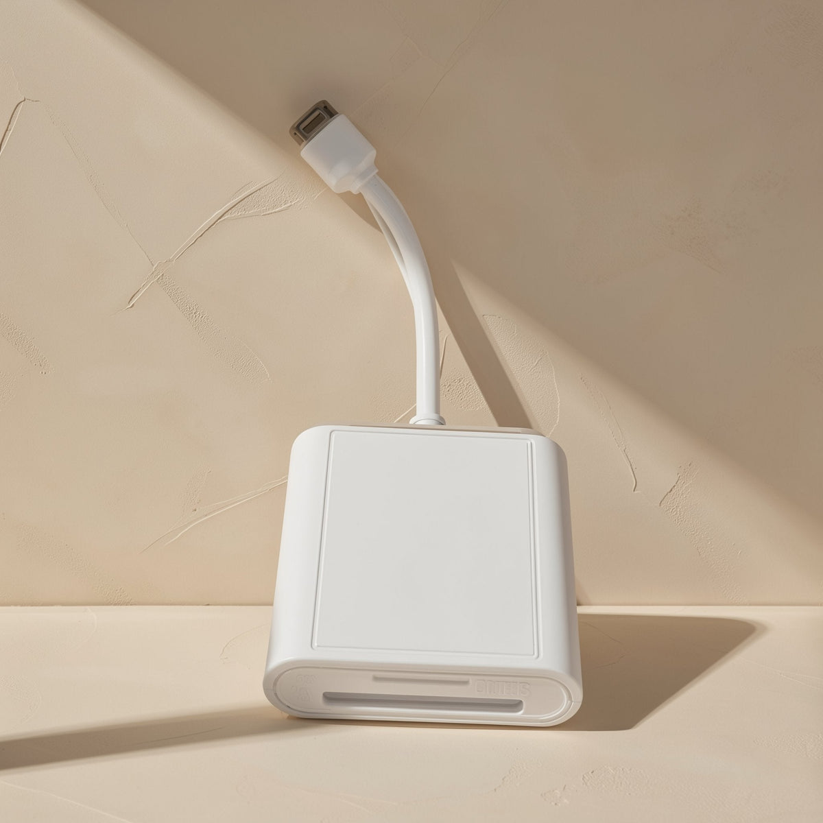 Portread – White card reader standing upright, showing its flat back panel and short cable with a connector on top