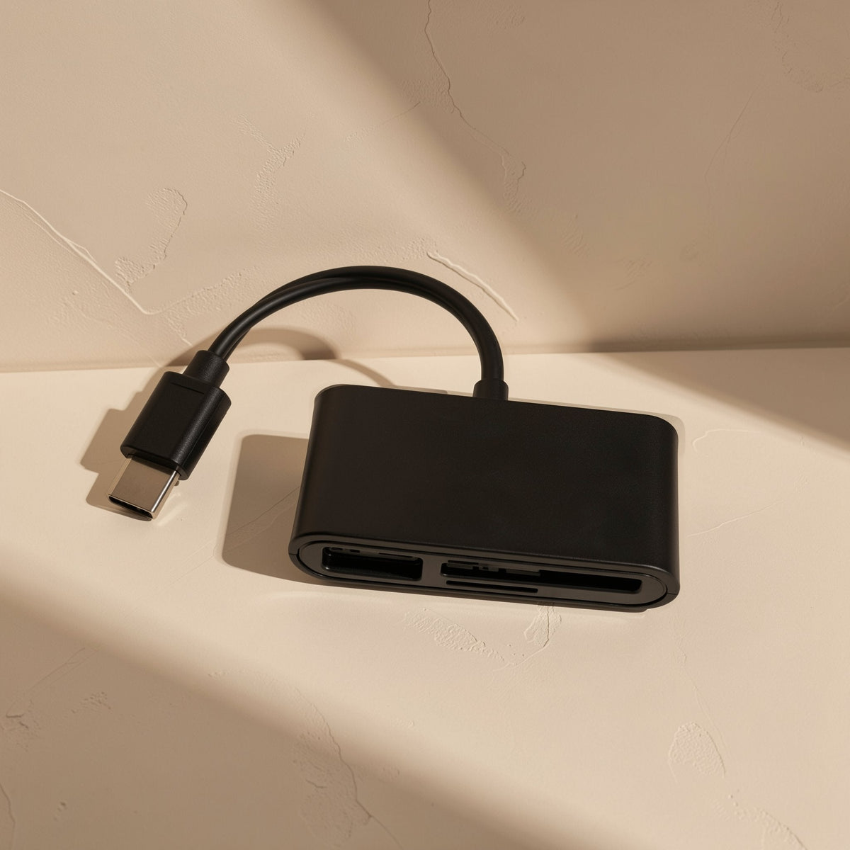 Portread – Black card reader from the front, showing the USB port and SD and TF card slots, with the Type-C plug on the left
