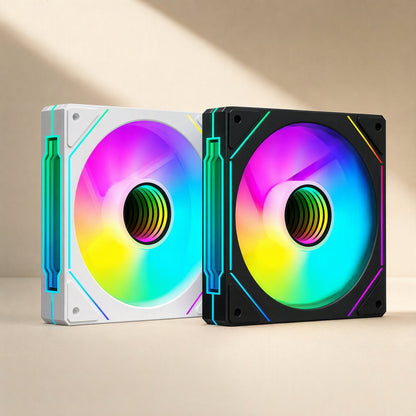 Fanforge Chassis Cooling Fan in white and black, front view with rainbow RGB lighting and mirrored center hub