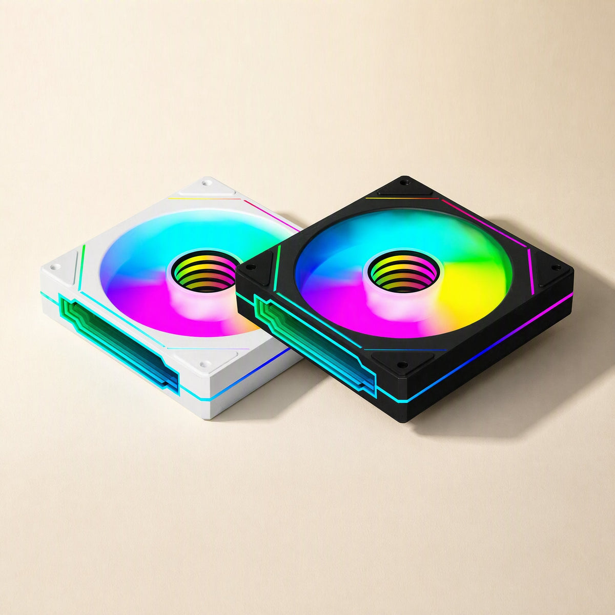Fanforge – White and black 120 mm fans angled on a beige surface, glowing RGB edge strips and rainbow blades