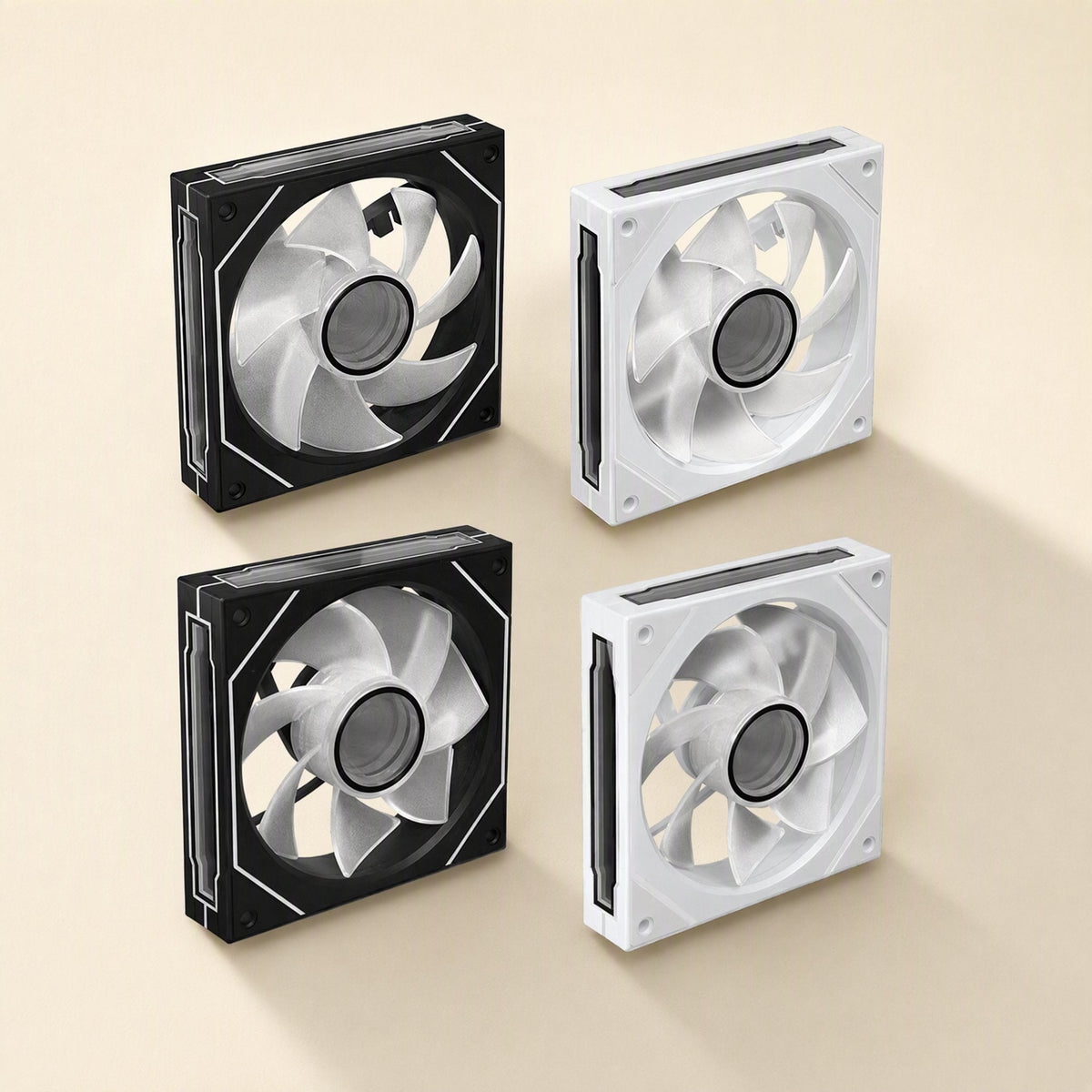 Fanforge Chassis Cooling Fan – black and white fan frames with translucent blades shown unlit in a two-by-two arrangement