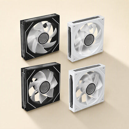 Fanforge Chassis Cooling Fan – black and white fan frames with translucent blades shown unlit in a two-by-two arrangement