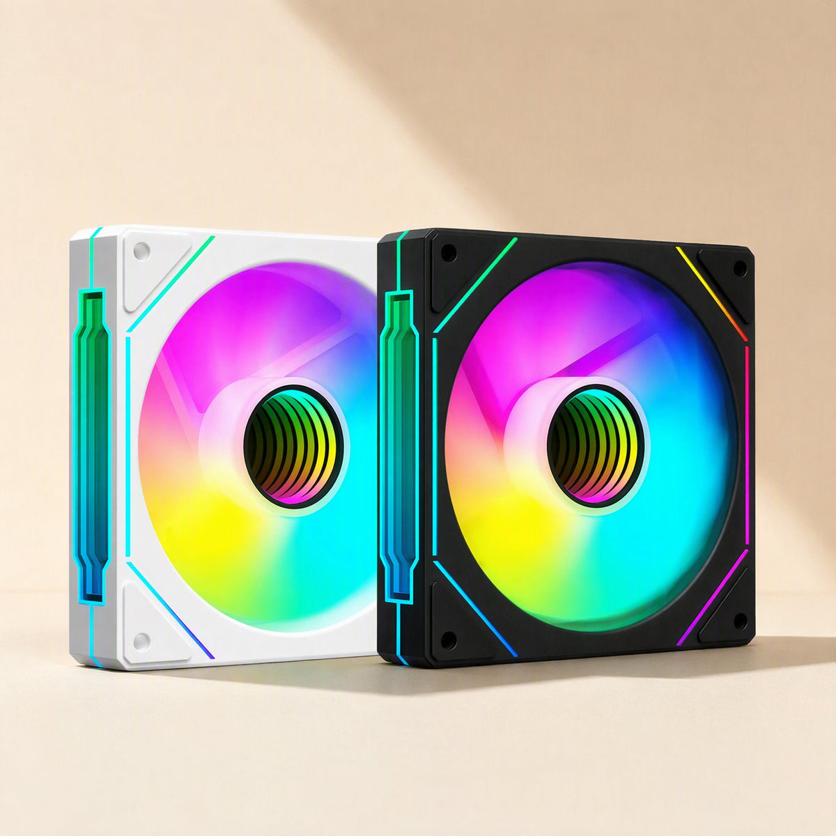 Fanforge – Pair of white and black RGB fans side by side, cyan edge accents and rainbow glow across the blades