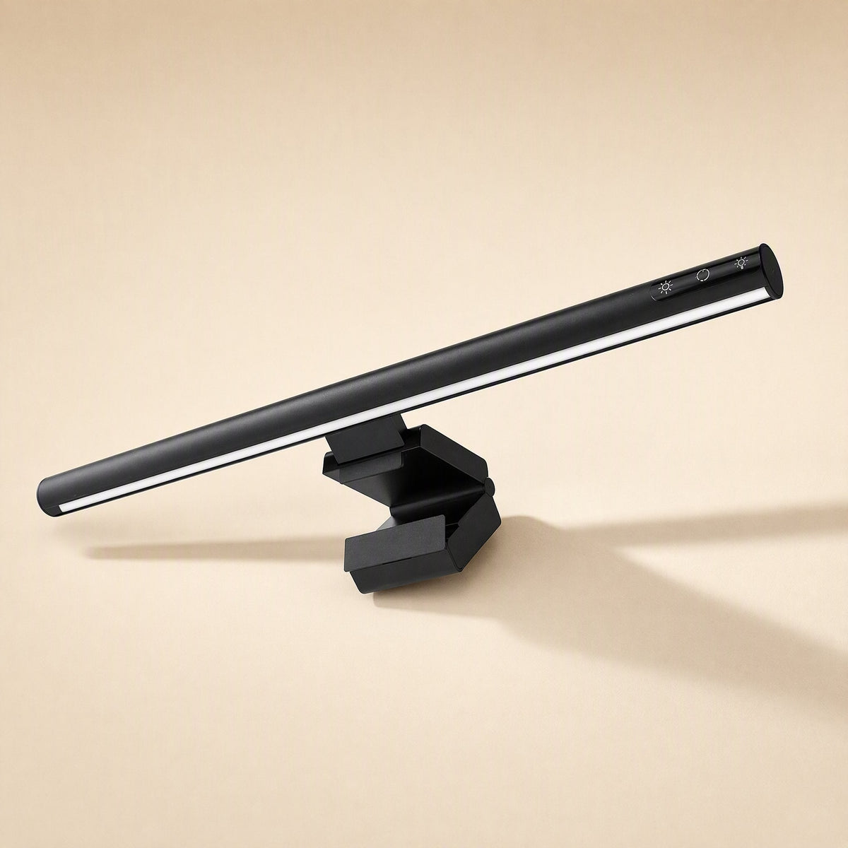 Glowhang – Black lamp on its clip stand with the glowing light strip facing down and touch buttons at the right end