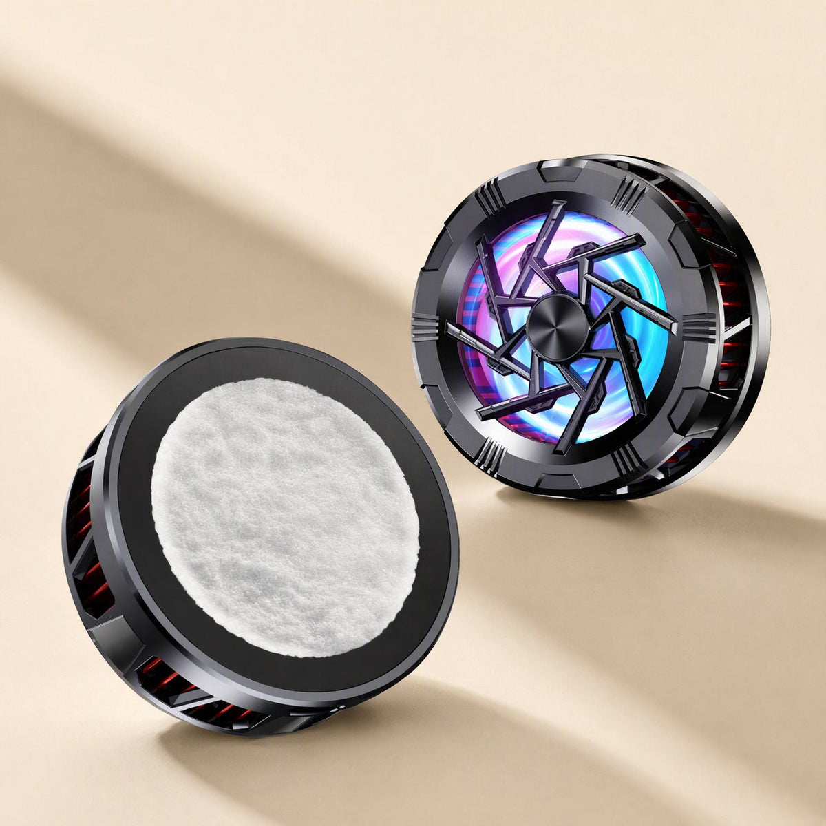 Chillback – Two radiators side by side: one showing the white cooling pad, the other its glowing fan face