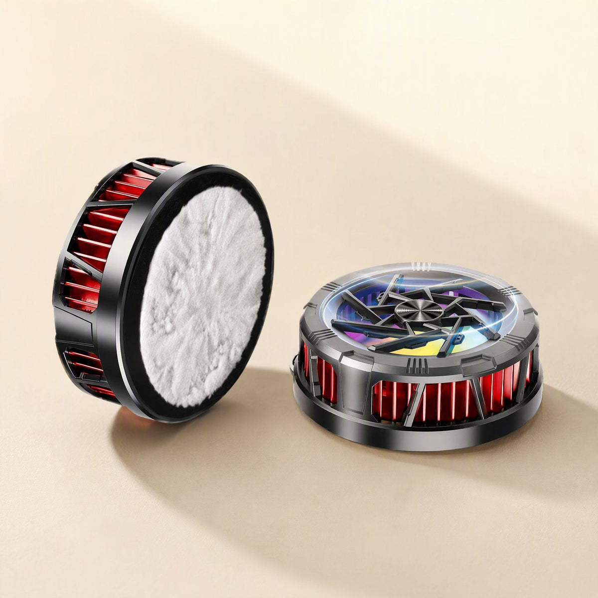 Chillback – One radiator standing on its edge with its white pad visible, beside another showing the fan and red fins