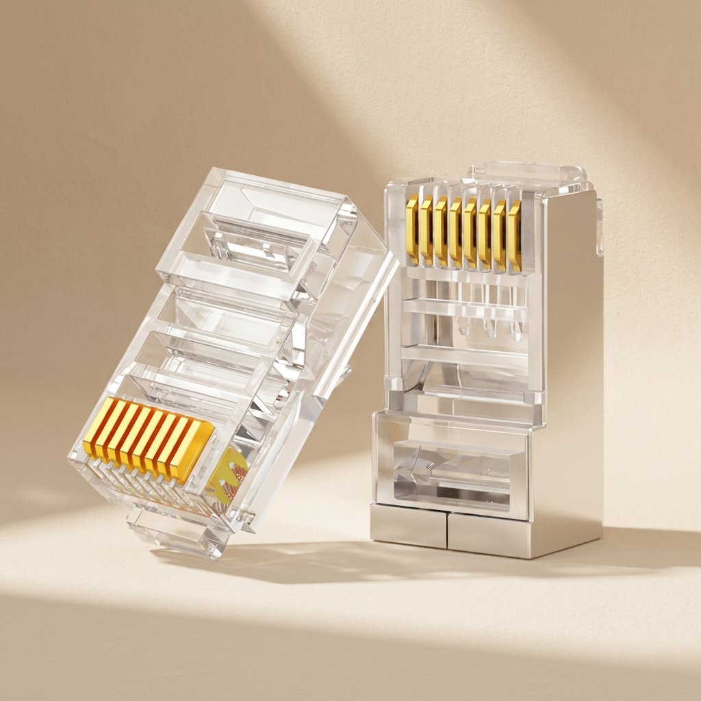 Netjoin RJ45 Network Cable Connector, clear crystal head and shielded metal version side by side on beige