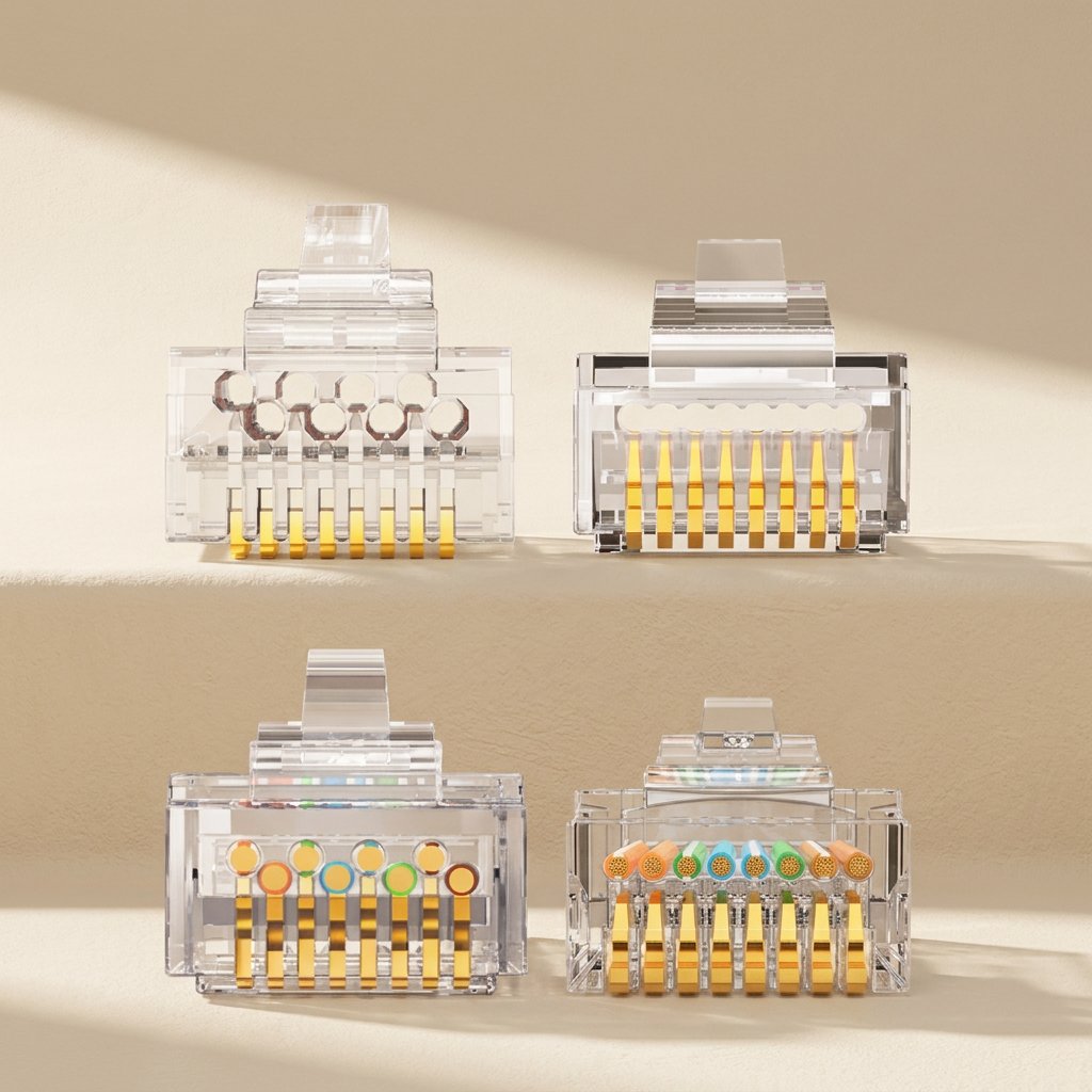 Netjoin – Four RJ45 connector variants in a grid, showing gold pins and colored wires inside the clear housings