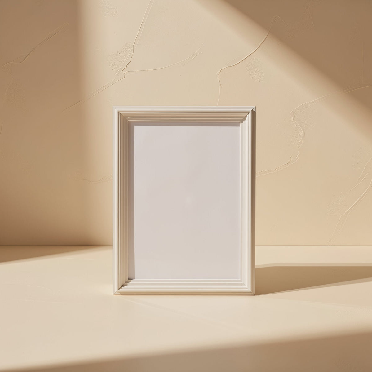 Netjoin RJ45 Network Cable Connector – empty white picture frame standing against a beige textured wall in soft sunlight