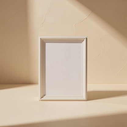 Netjoin RJ45 Network Cable Connector – empty white picture frame standing against a beige textured wall in soft sunlight